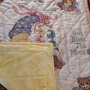 Hand crafted cross-stitch Mr. Moon and Me Quilt / Crib blanket